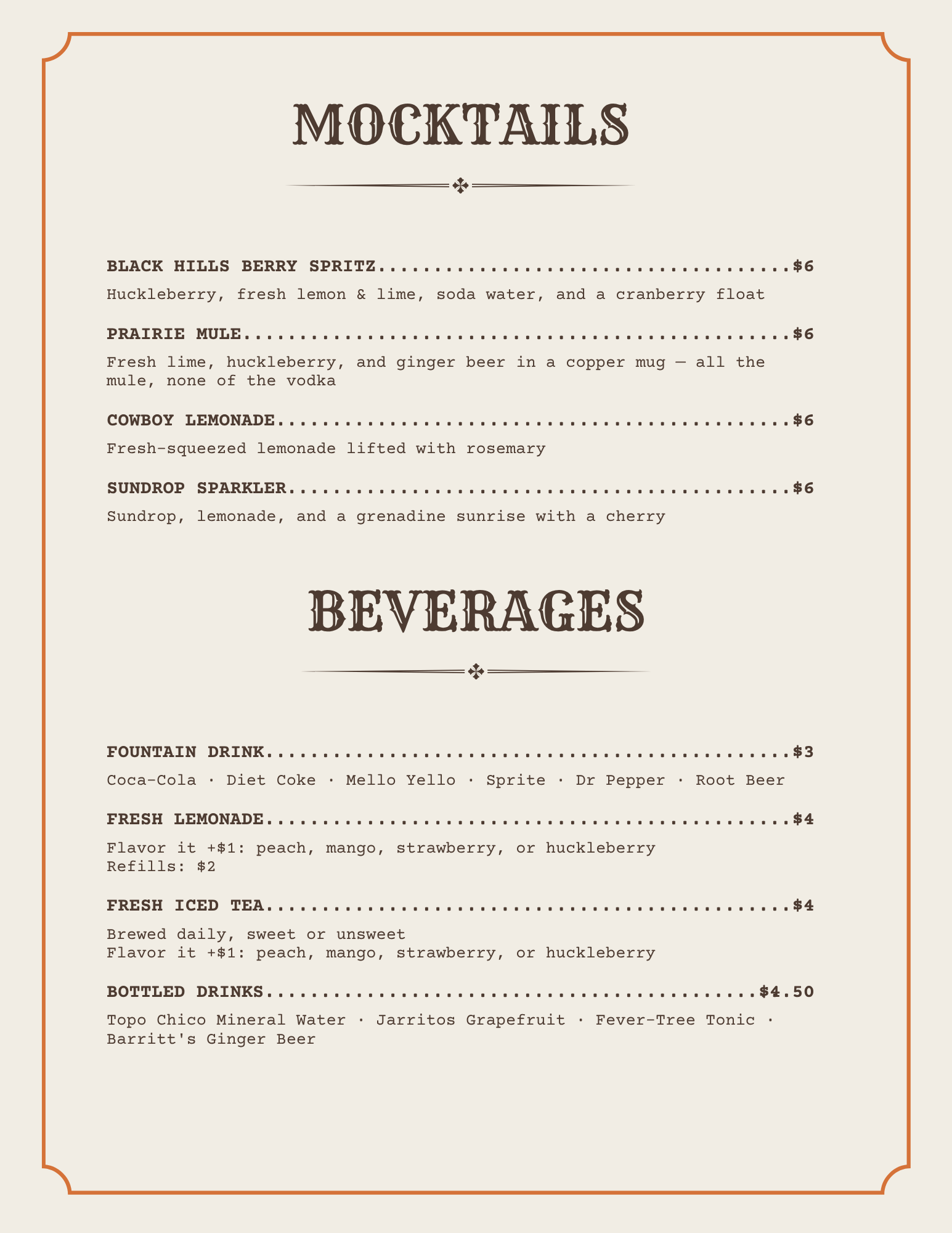 Bar menu: mocktails and beverages
