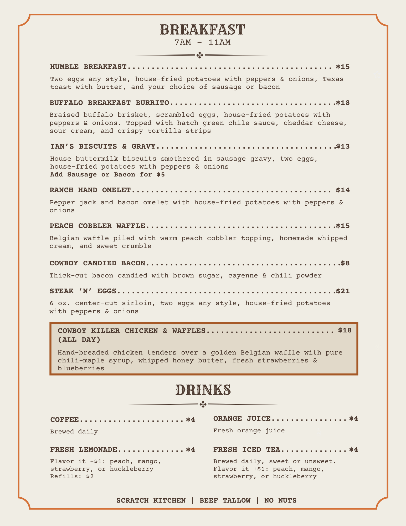 Breakfast menu, 7AM - 11AM, with drinks