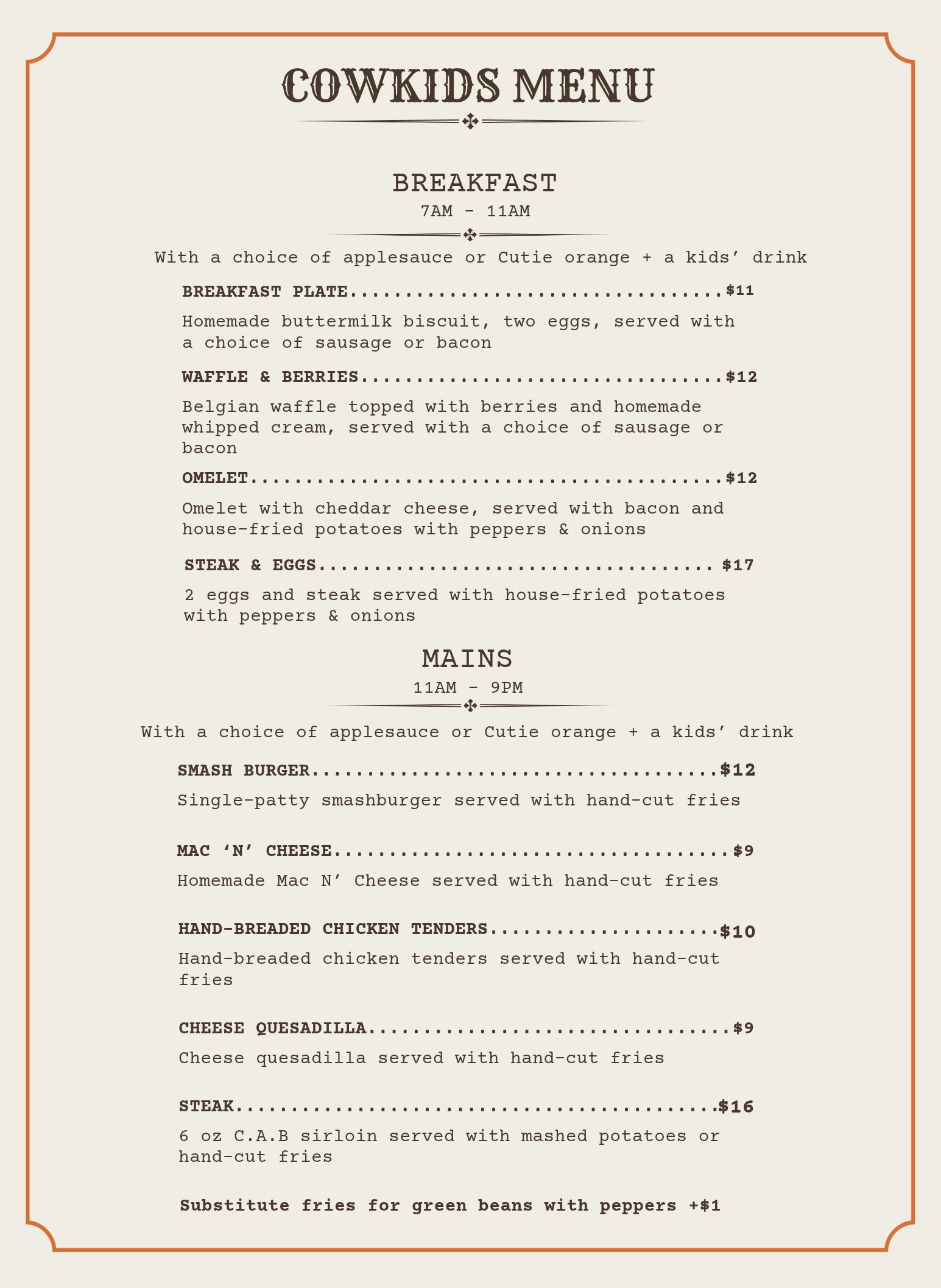 Cowkids menu: breakfast and mains