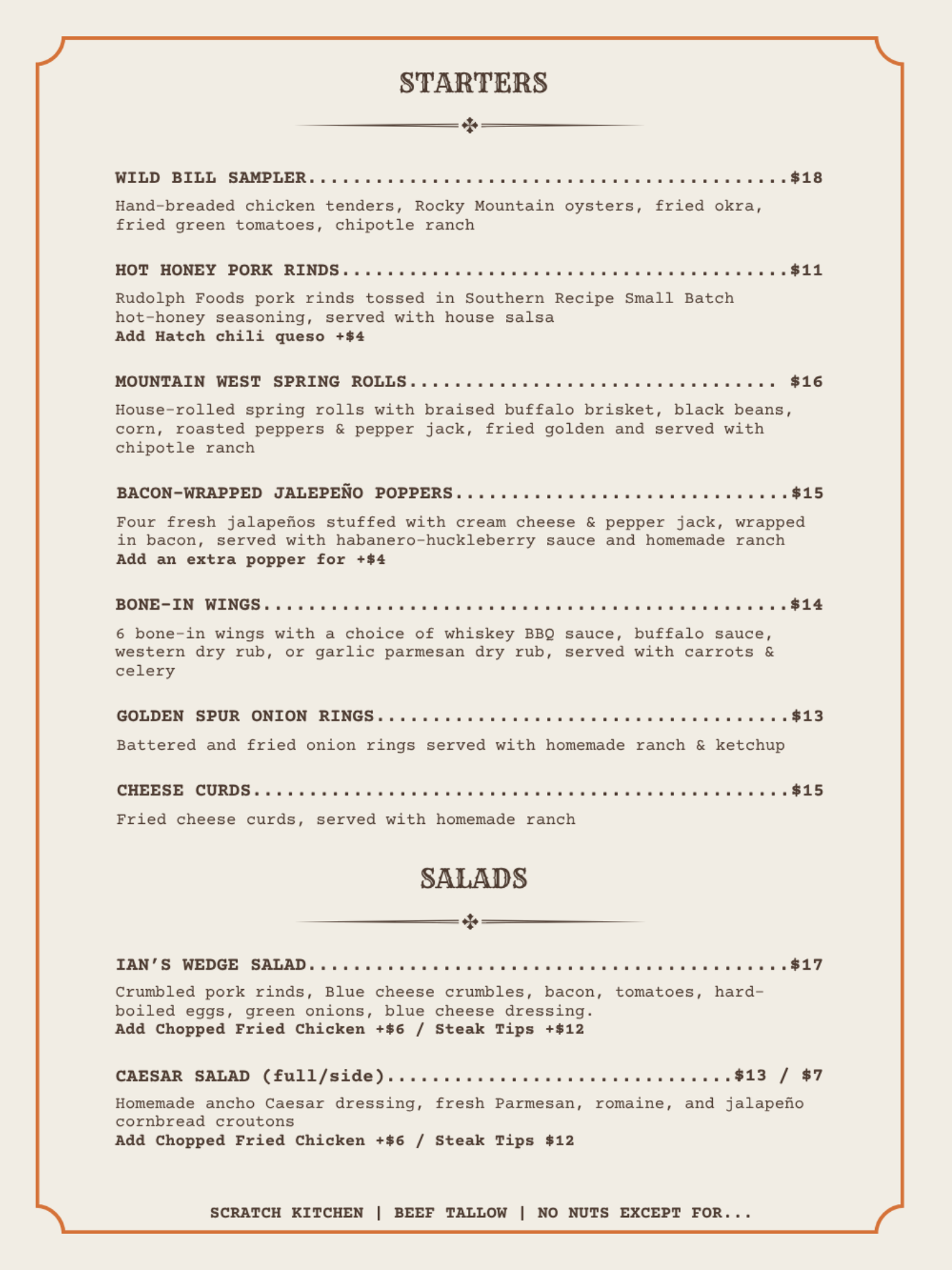 Lunch and dinner menu: starters and salads