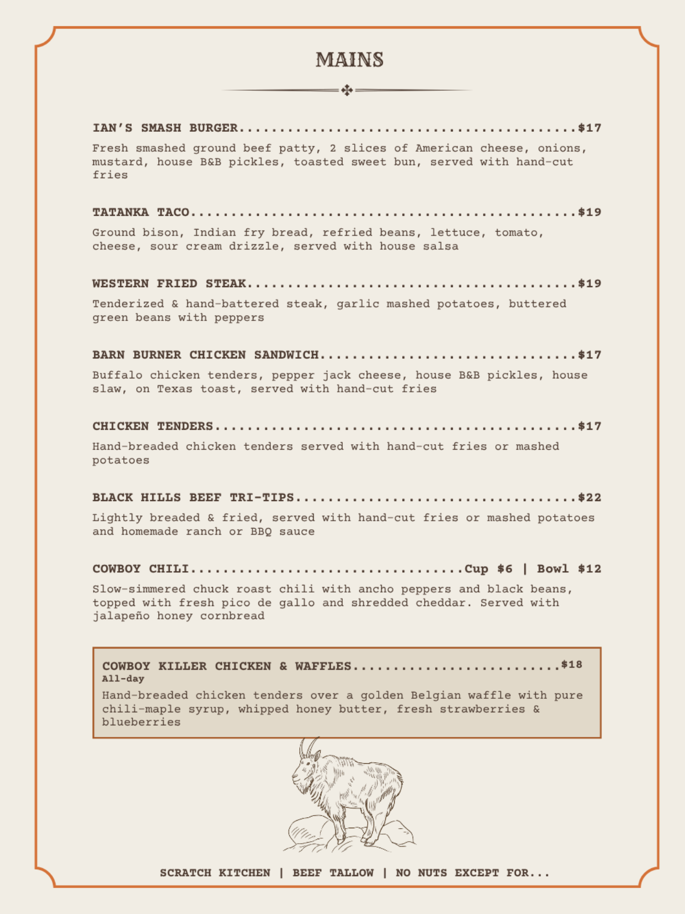 Lunch and dinner menu: mains